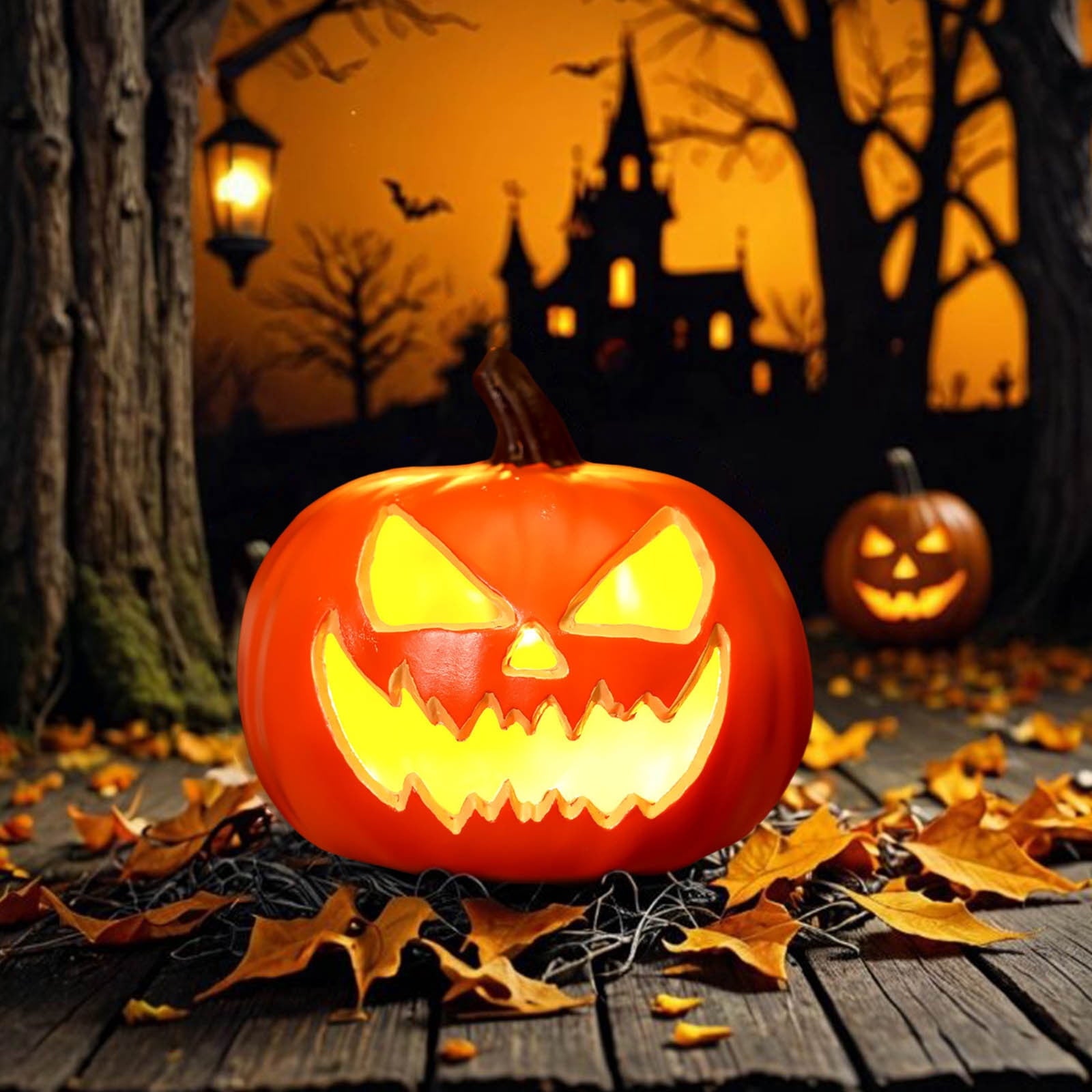 Round Jack O Lantern Pumpkin, Halloween Hollow Jack O Lantern LED Light 7.8 Inch Large Evil Eye Pumpkin Figurine for Mantel Table Covered Porch Indoor Fall Home Decor