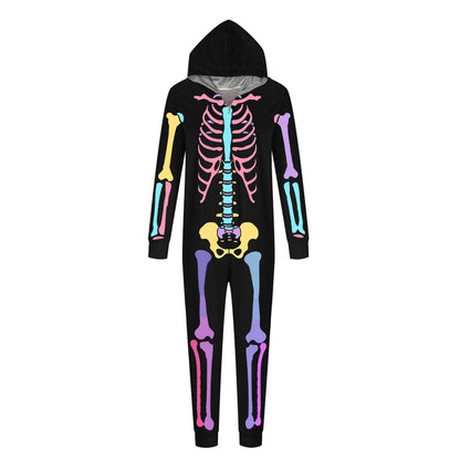 CLOISE Matching Family Pajamas Halloween Skeleton Onesie Pjs for Women Hooded Full-zip Sleepwear Comfortable Long Sleeve Loungewear Funny Halloween Clothes Black 2XL