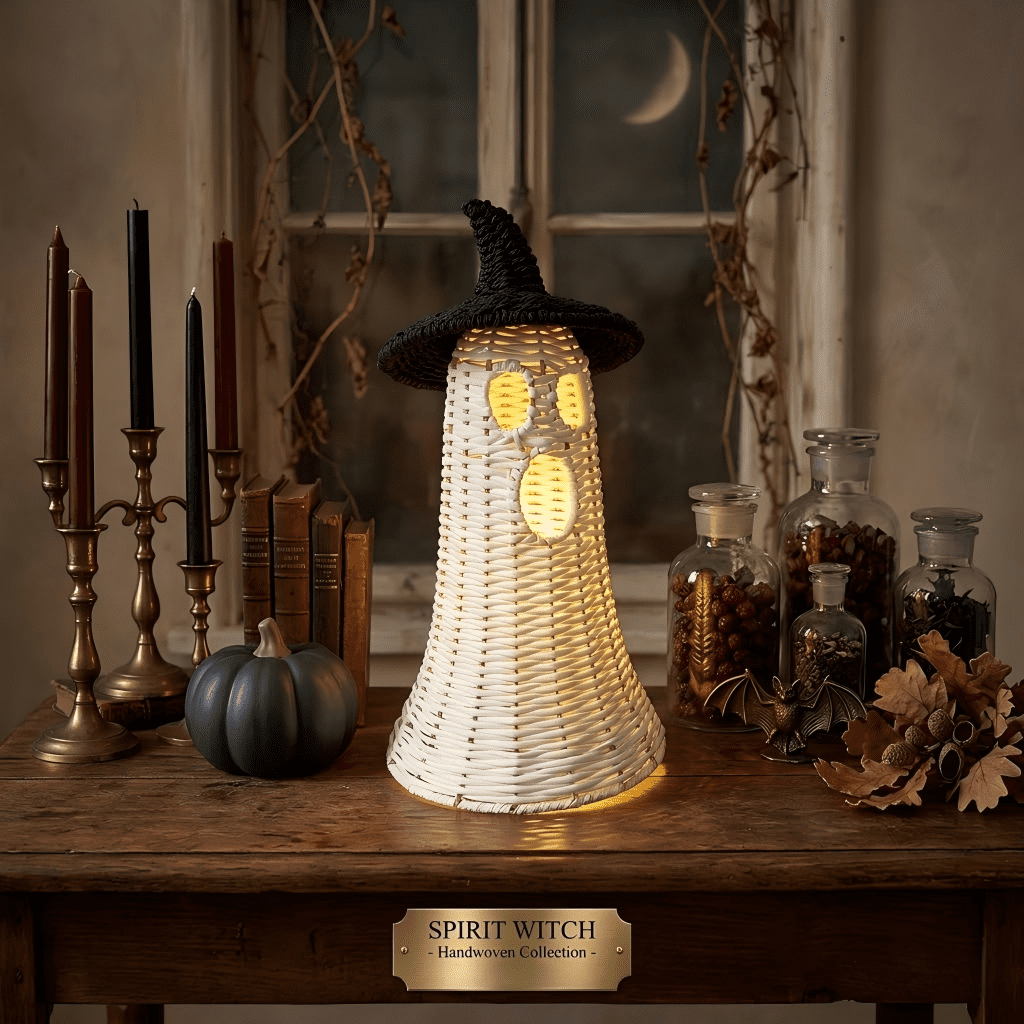 Handwoven Wicker Ghost with Detachable Witch Hat Lid - Rustic Rattan Style Spooky Lantern Centerpiece Halloween Decoration, Dark Botanical & Farmhouse Tabletop Mantle Decor, 13.78", Black & White