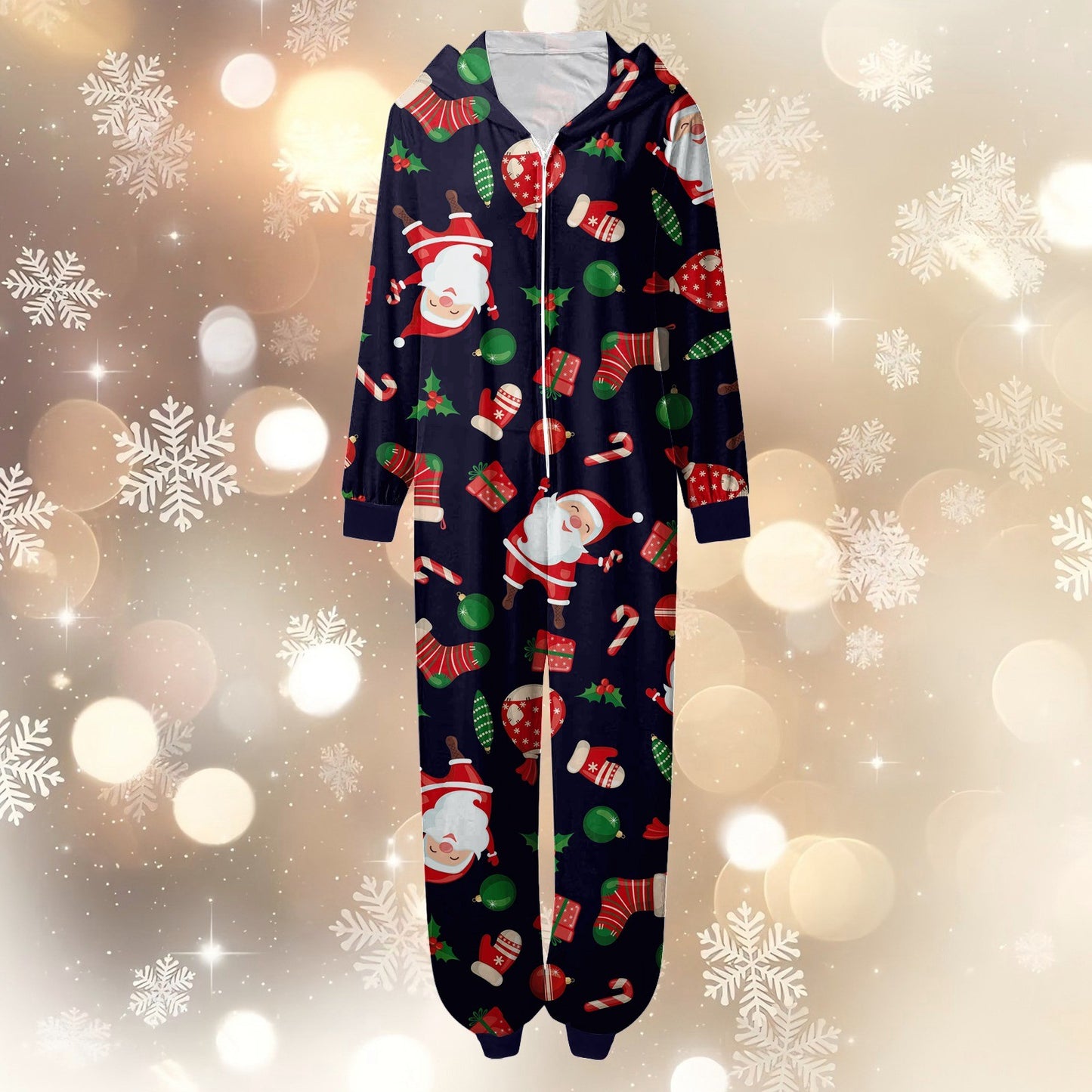 CUZIBR Christmas Family Pajamas Hooded Full Zipper Up Sleepwear Outfits Long Sleeve Cute Snowflake Print One Piece Jumpsuits Loungewear For Mom,Navy,M