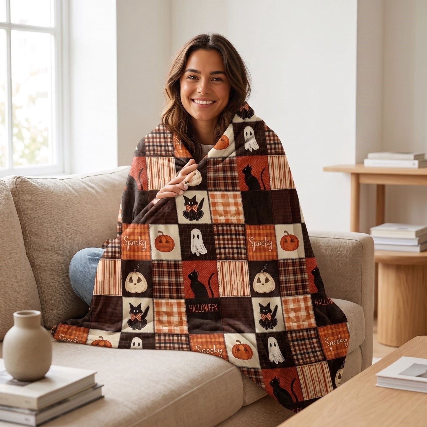 WWC Halloween Throw Blanket, 51x59 inch Soft Flannel Plaid Ghost Pumpkin Halloween Plush Throw, Halloween Cozy Fall Blanket for Couch and BedRoom