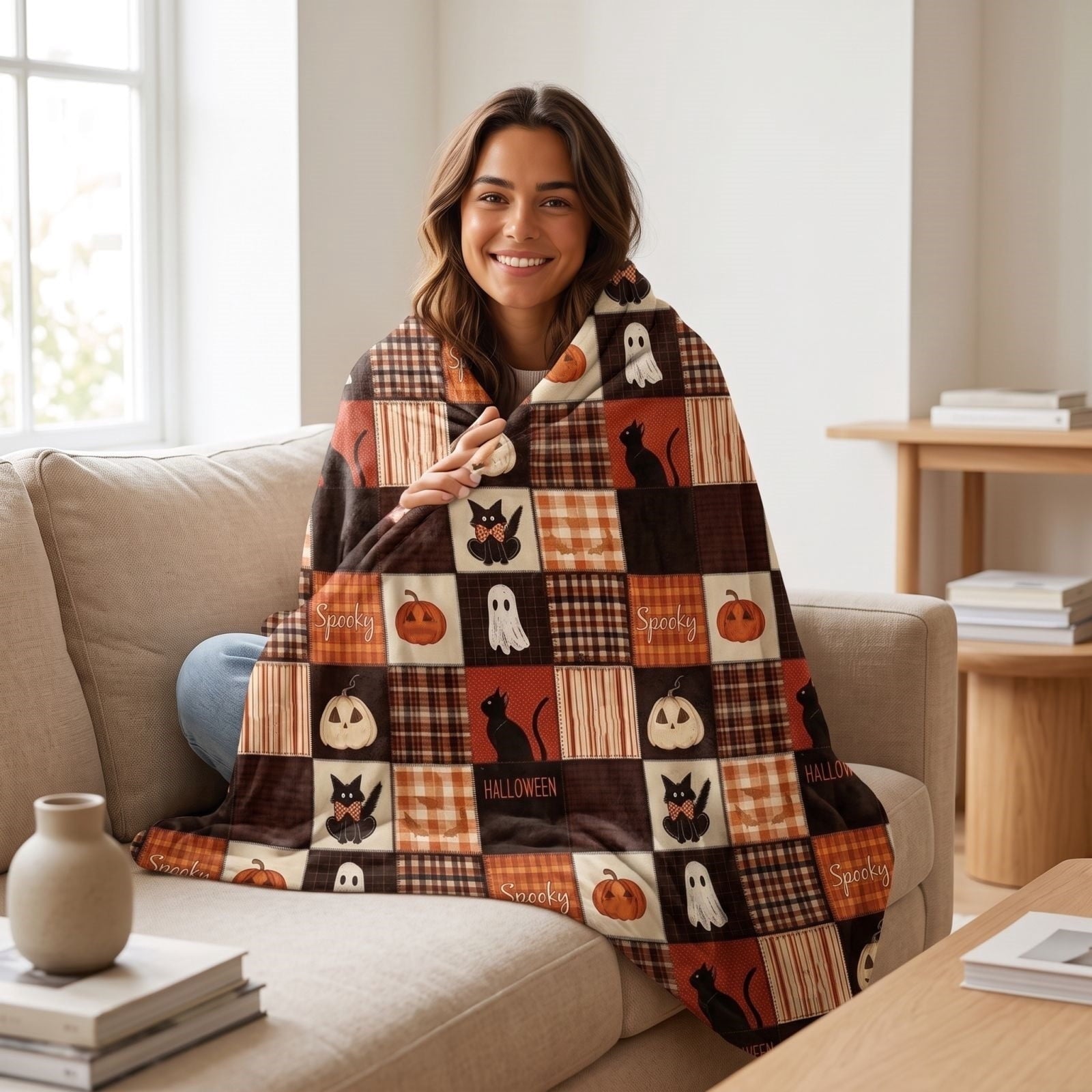 WWC Halloween Throw Blanket, 51x59 inch Soft Flannel Plaid Ghost Pumpkin Halloween Plush Throw, Halloween Cozy Fall Blanket for Couch and BedRoom