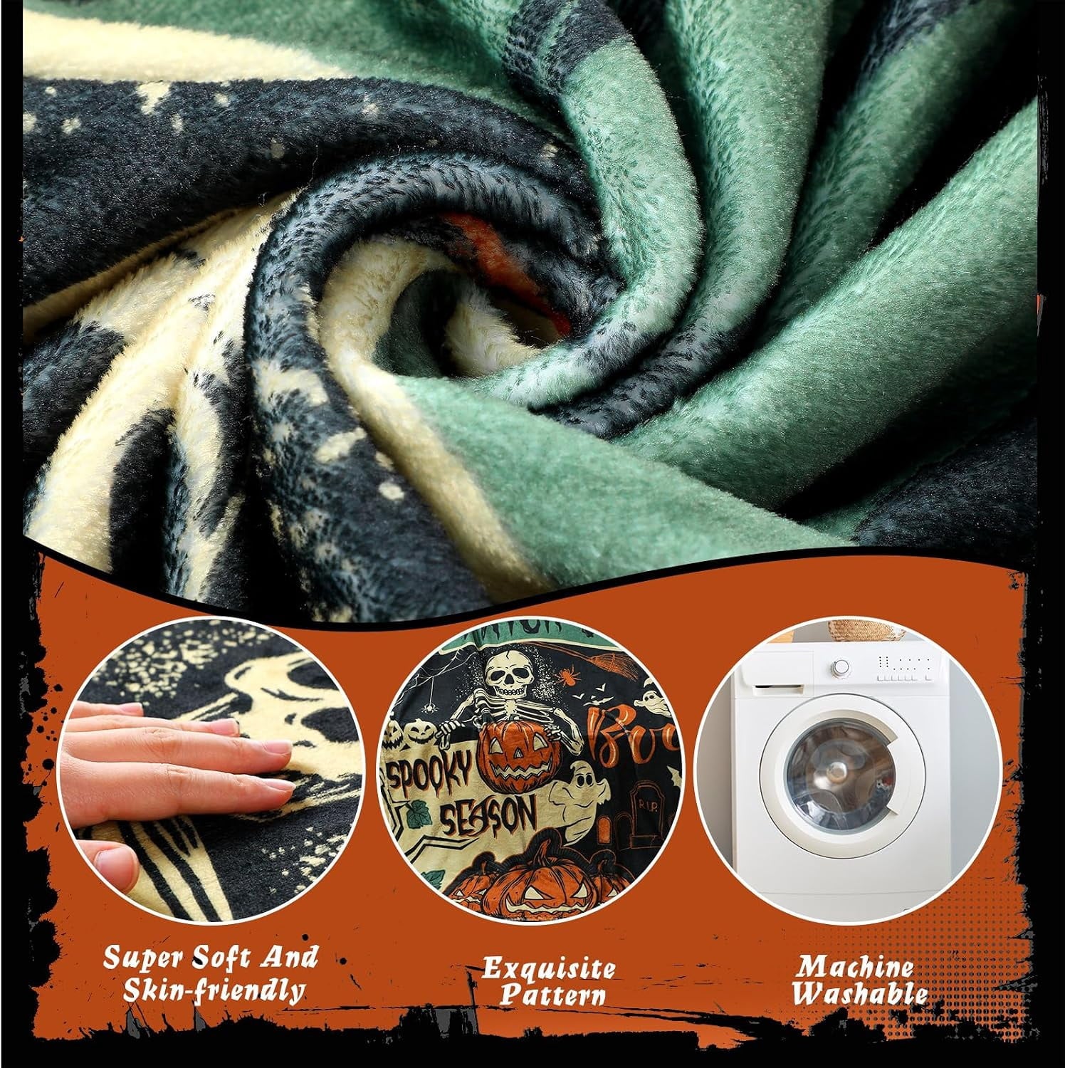 Spooky Season Halloween Skeleton and Pumpkin Throw Blanket with Trick or Treat and Boo Quote Soft Plush Fleece for Home Decor