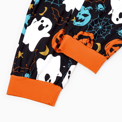 PatPat Halloween Pajamas Men 2 Piece Top & Pants Pjs Sets Family Matching Ghost and Pumpkin Allover Print Short Sleeve Sleepwear, Black, XL