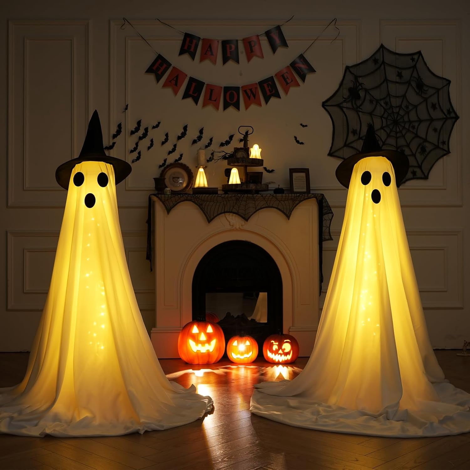 DAKIMOE Halloween Decorations Outdoor Indoor Halloween Party Decorations Indoor,Spooky Ghost Decor with String Lights,Halloween Ghost Lights for Porches Yards Gardens Lawn 2 Pack
