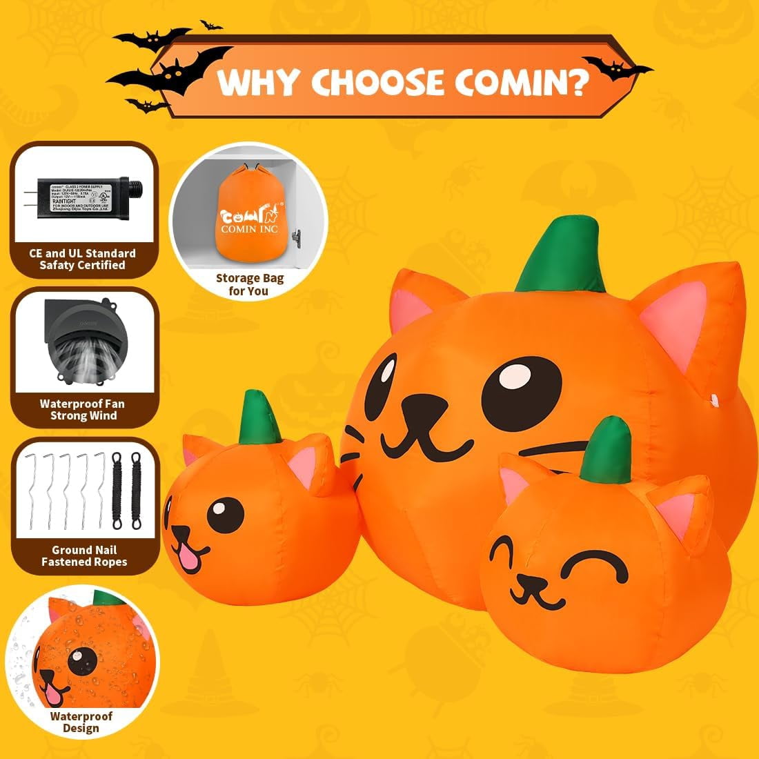 COMIN Halloween Inflatable 5 FT Long Three Pumpkin Cat Head Combo with Built-in LEDs, Blow Up Yard Decoration for Holiday Party Indoor, Outdoor, Yard, Garden, Lawn