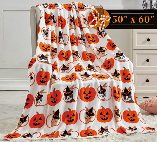 Mocassi Lightweight Throw Blanket- Halloween Themed, Soft, Cozy and Plush- Throw Blankets, Perfect for Lounging this Spooky Season, 50 x 60 inches, Pumpkin Cats, Throw Blanket