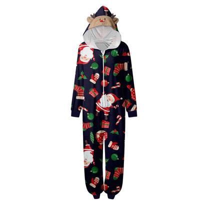 CUZIBR Christmas Family Pajamas Hooded Full Zipper Up Sleepwear Outfits Long Sleeve Cute Snowflake Print One Piece Jumpsuits Loungewear For Mom,Navy,M