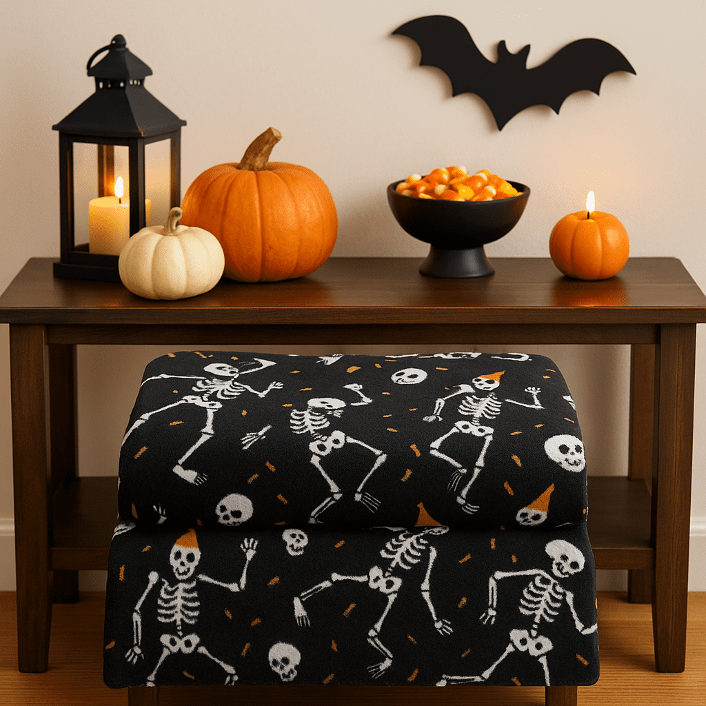 The Big One Plush Halloween Throw Blanket, Party Skeletons Design, Black Cozy 60" x 72"