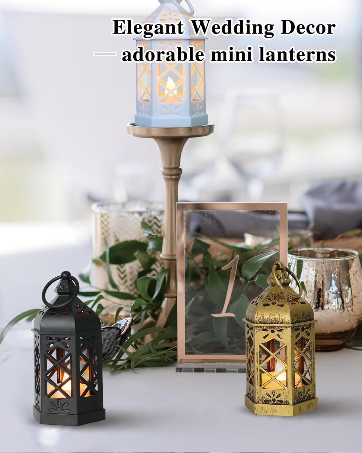 Micrency 12-Pack Mini Lanterns with Flickering LED Candles, Moroccan Style Decorative Hanging Lanterns for Halloween, Christmas, Wedding, Black Lantern for Table Centerpiece, Home & Party Decor