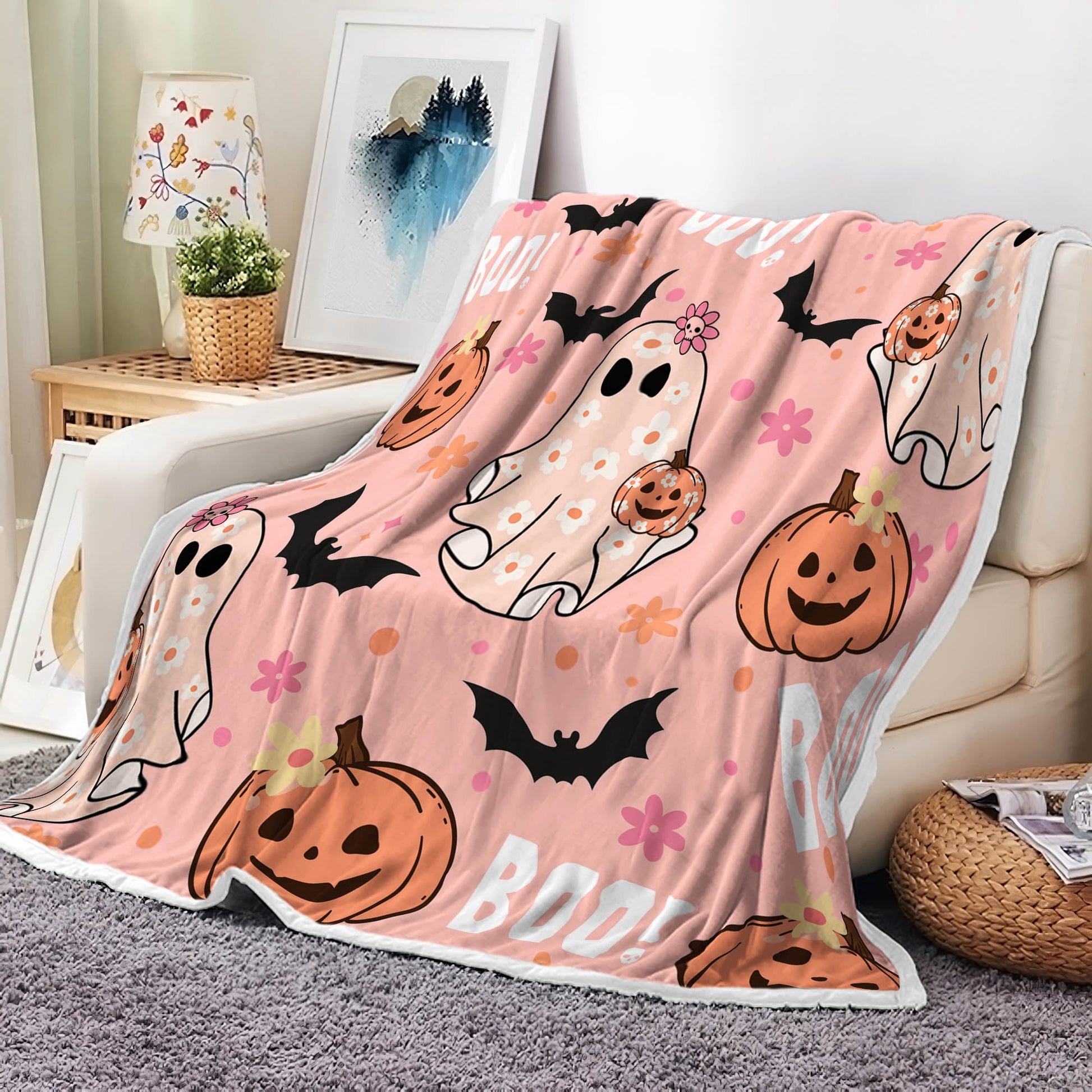 Halloween Throw Blanket, Pink Cute Spooky Ghost Pumpkin Bat Cozy Soft Blanket, Funny Pink Halloween Boo Flannel Baby Throw and Blankets Couch Sofa Bed Decor 50X60IN