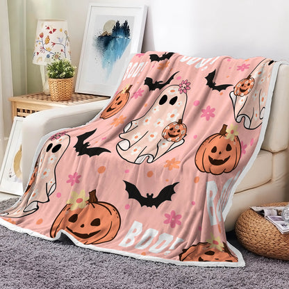 Halloween Throw Blanket, Pink Cute Spooky Ghost Pumpkin Bat Cozy Soft Blanket, Funny Pink Halloween Boo Flannel Baby Throw and Blankets Couch Sofa Bed Decor 50X60IN