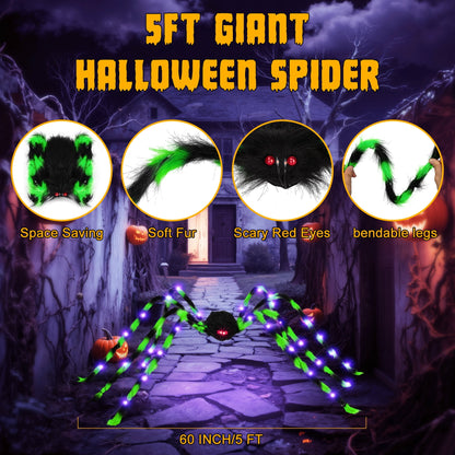 Zsiparty Halloween Decorations Outdoor, 5Ft Giant Spider Light Up Spider, 2 Pack Scary Large Halloween Spider Decor for Home Party Favor Yard Decor