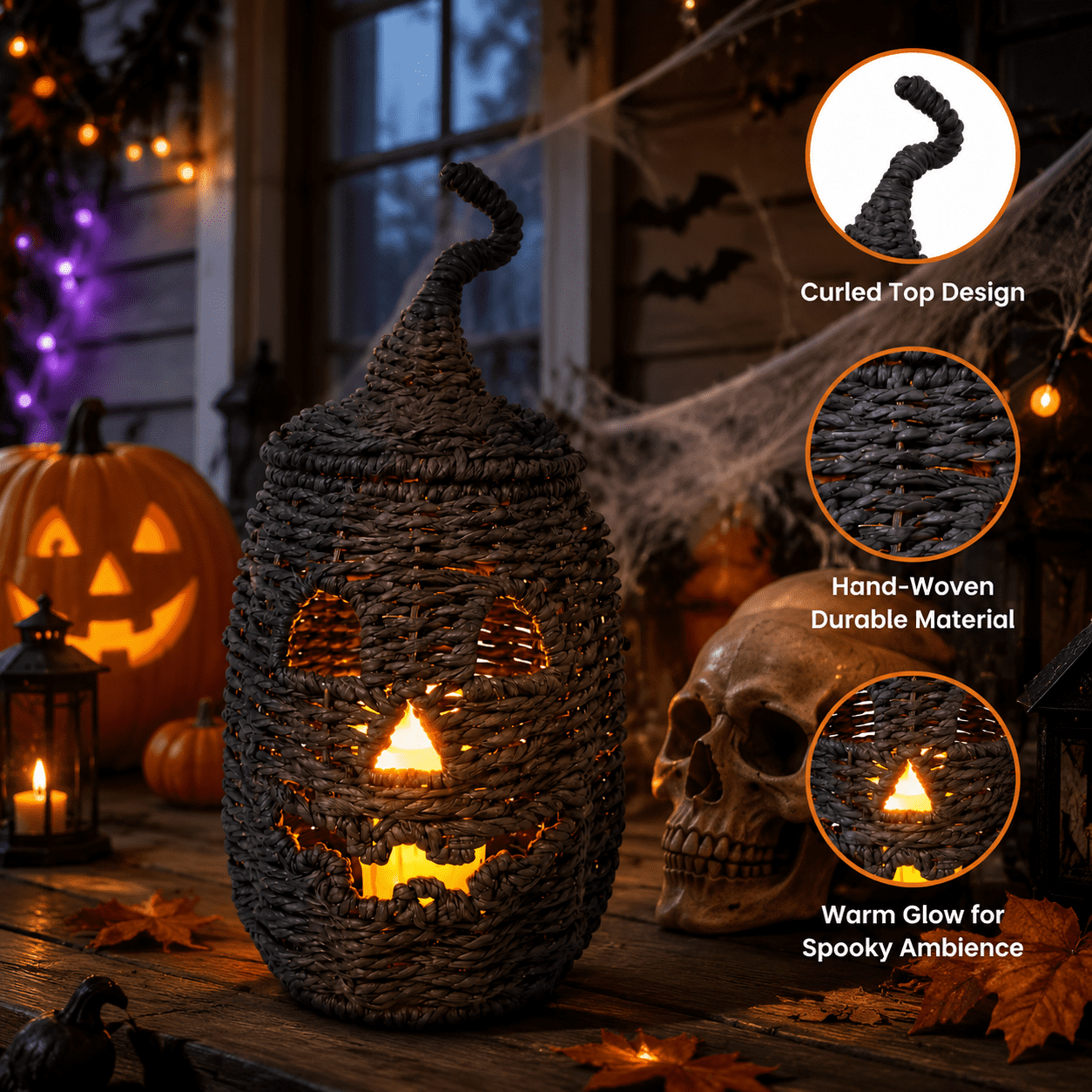 Halloween Woven Pumpkin Jack-O'-Lantern with LED Candle, Hand-Woven Rattan Fall Pumpkin Lantern Decor for Home Tabletop, Mantel, Spooky Haunted House Party Supplies Halloween Decorations Gifts