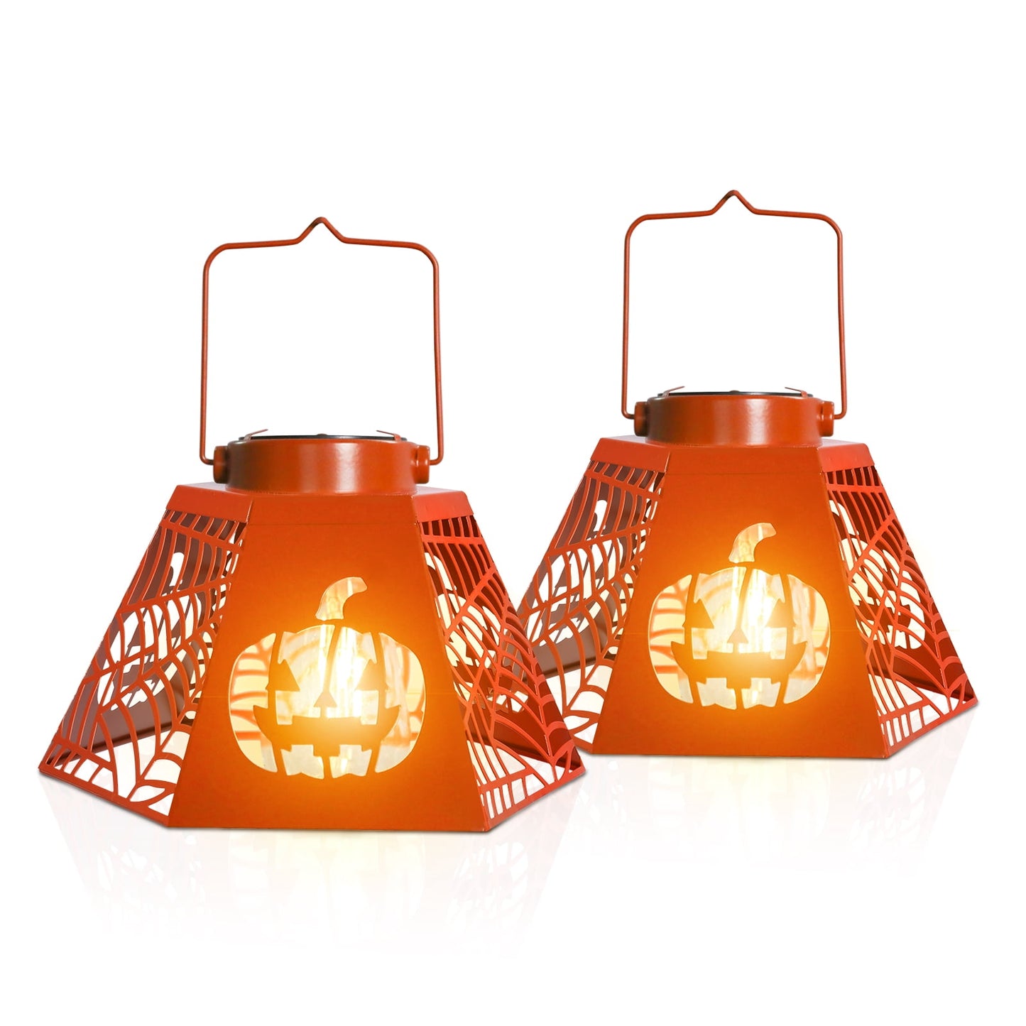2PCS Halloween Pumpkin & Spider - Web Solar Lantern – Orange Metal Cutout Design with Jack - o'- Lantern Motifs, Solar - Powered LED Light for Garden, Patio & Festive Decor,2 PACK