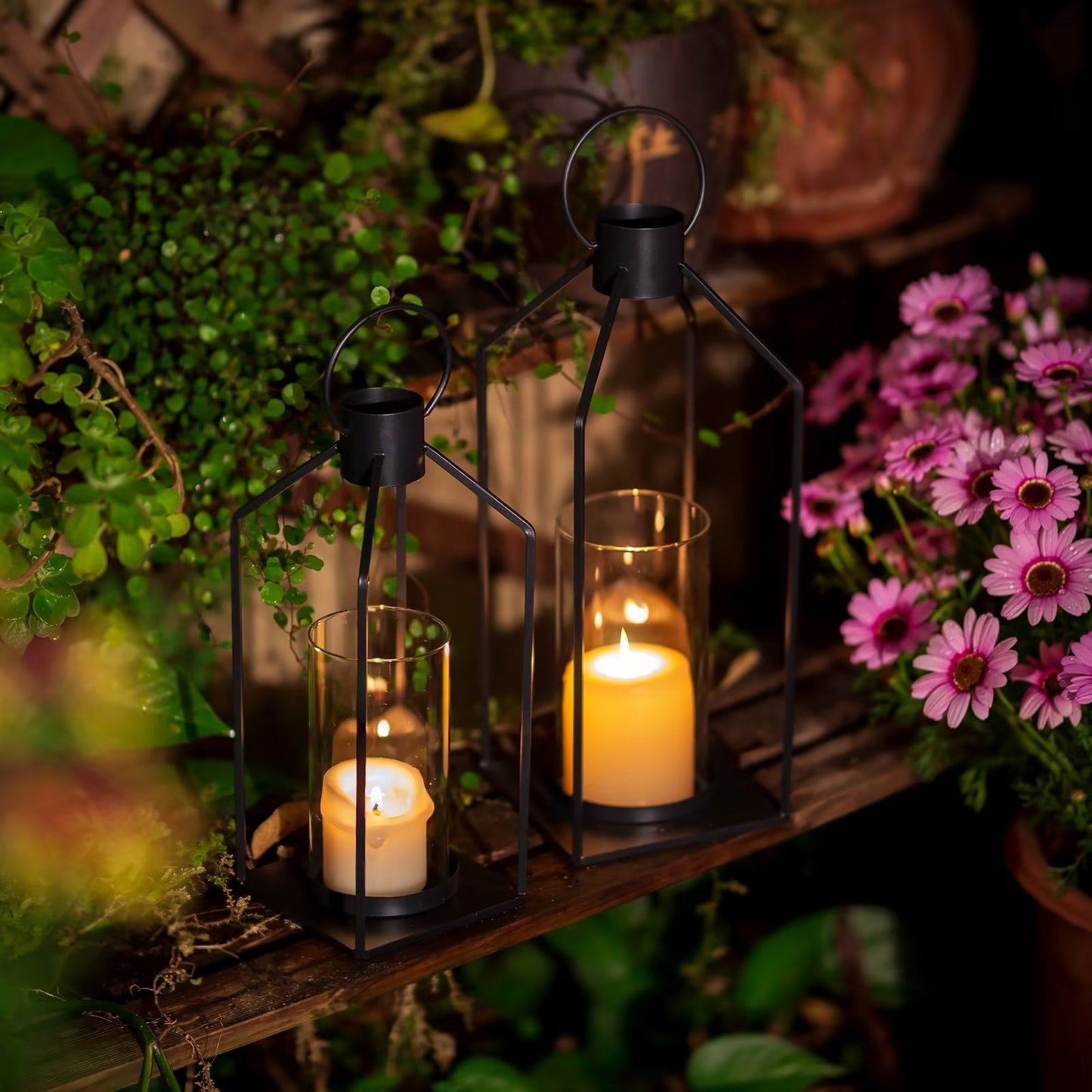 Glasseam Lantern Decorative Pillar Candle Holders Set of 2 Glass Hurricane Candle Holder for Halloween Front Porch Fireplace Outdoor Decor Black