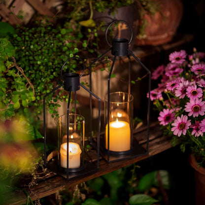 Glasseam Lantern Decorative Pillar Candle Holders Set of 2 Glass Hurricane Candle Holder for Halloween Front Porch Fireplace Outdoor Decor Black