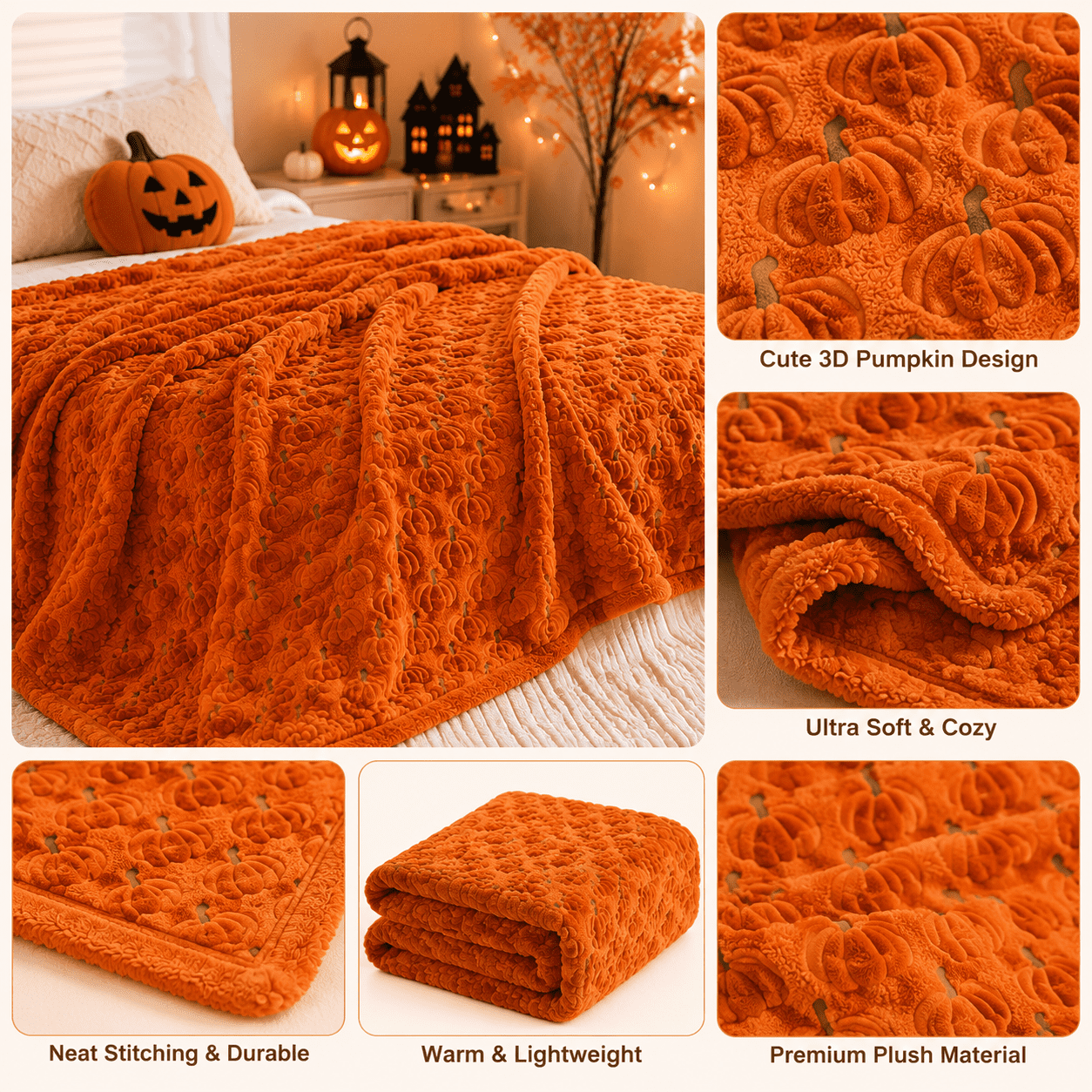 Halloween Faux Fur Throw Blanket with Cute Spooky Embroidery ,60x70 Soft Plush Cute 3D Tufted Ghost Blankets for Couch Sofa Bed, Creamy White Cozy Fall Halloween Decorations Gifts（Pumpkin）