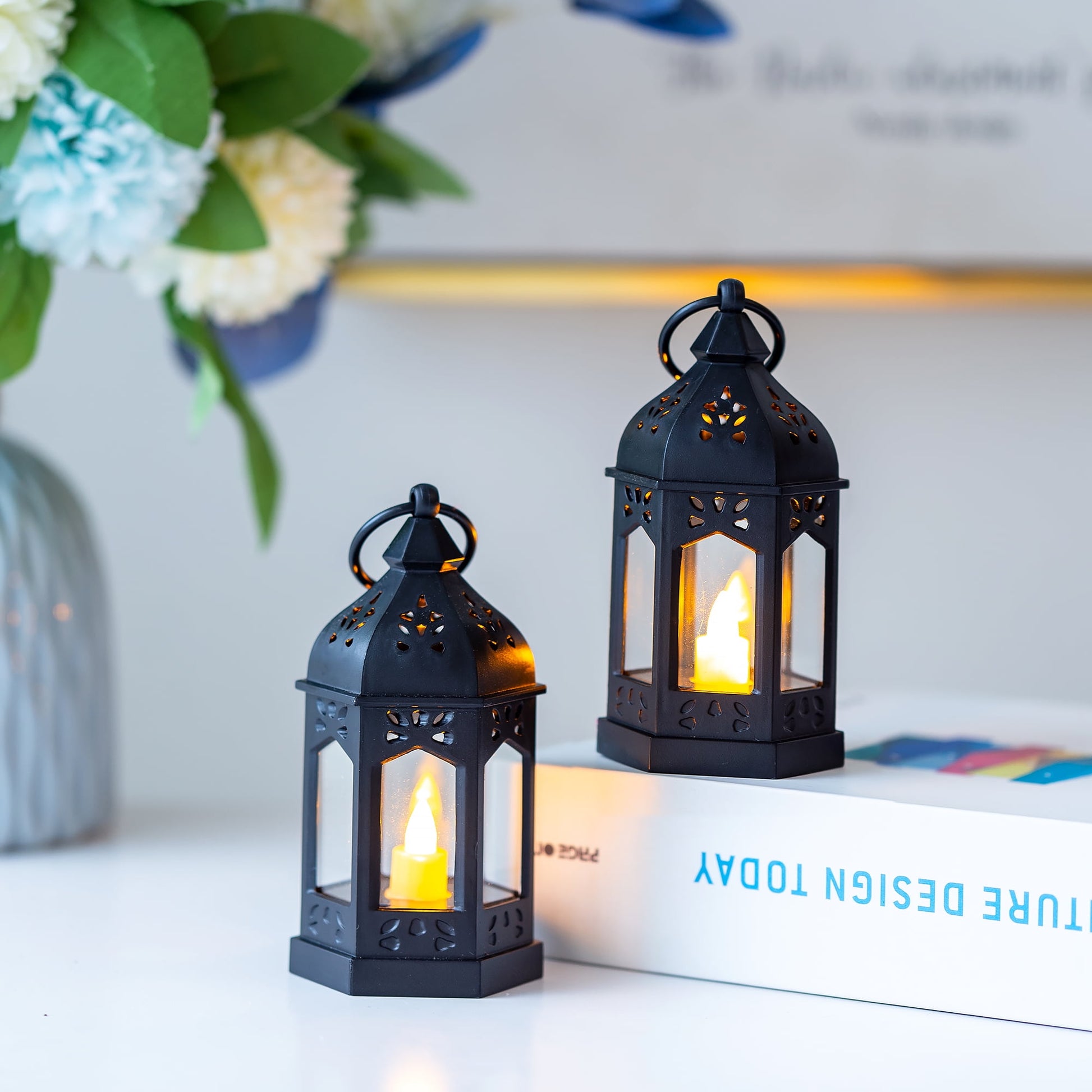 Sziqiqi Mini Lanterns Decorative for Centerpiece: 10pcs Hanging Small Black Lantern Bulk with Flickering LED Candles for Halloween Decorations, Wedding Decor, Christmas Table, Batteries Included