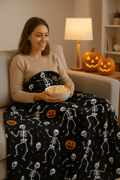 The Big One Plush Halloween Throw Blanket, Party Skeletons Design, Black Cozy 60" x 72"
