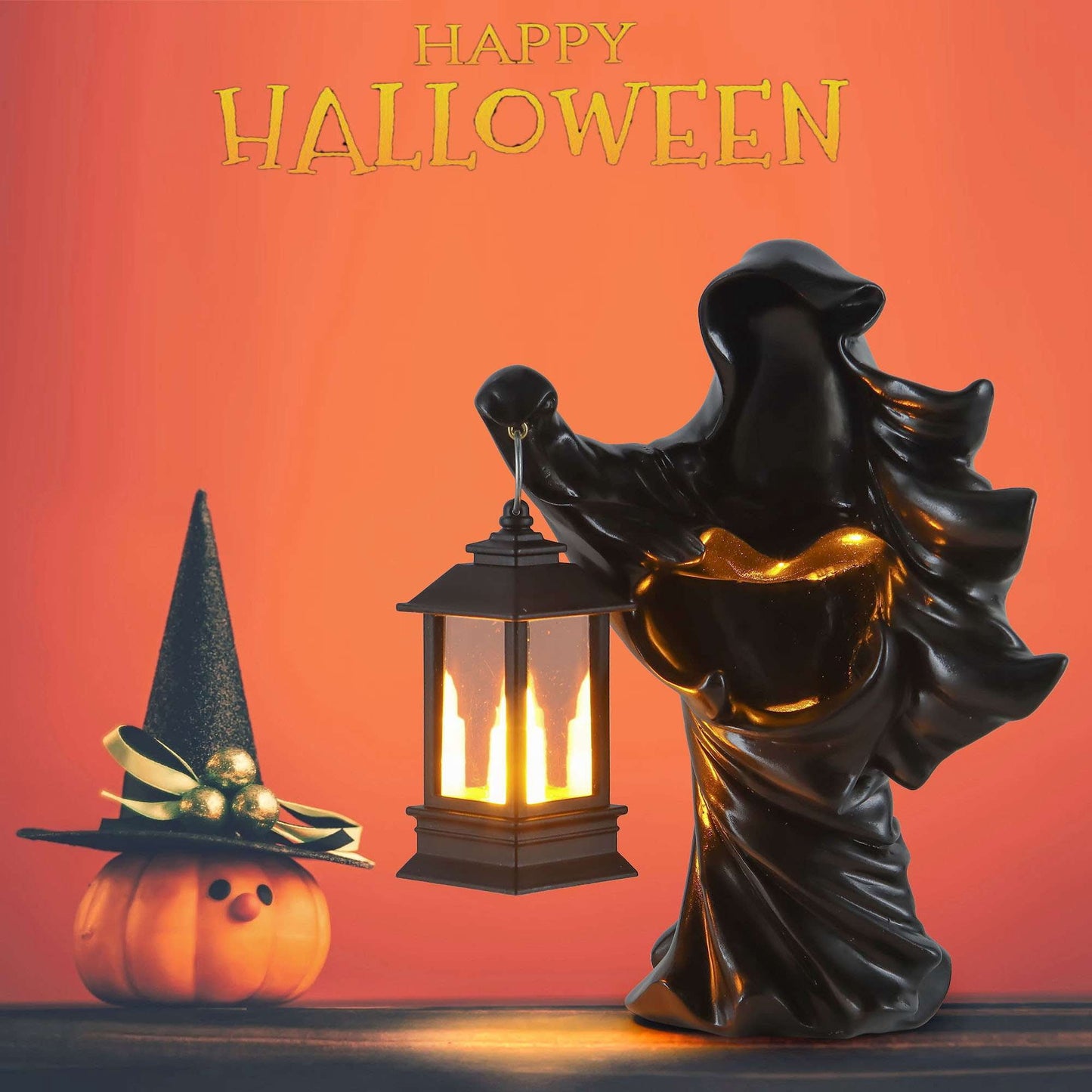 Gustave 2 Pack Halloween Hell Messenger Lantern Faceless Witch Resin Sculpture with LED Lantern Scary Ghost Statue Candle Light for Home Party Decoration "Black & White"