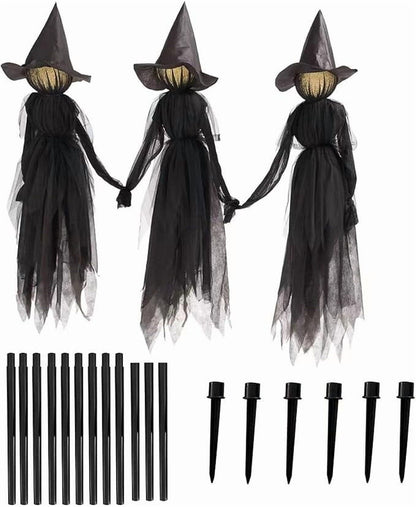 Halloween Witch Decorations Outdoor, 59" Light Up Witches Holding Hands Witches with Stakes, Voice Control Screaming Life Size Witches Waterproof for Yard Garden Lawn Decor, 3 count