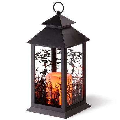 National Tree Company Halloween Lantern with LED Lights, Carved Images of Witches, Haunted House, 12 inches