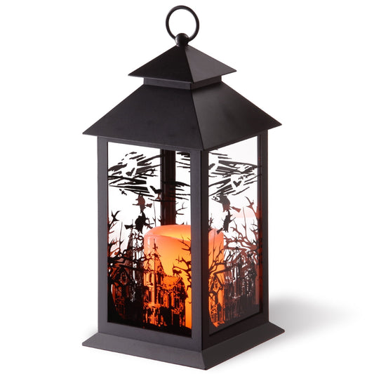 National Tree Company Halloween Lantern with LED Lights, Carved Images of Witches, Haunted House, 12 inches