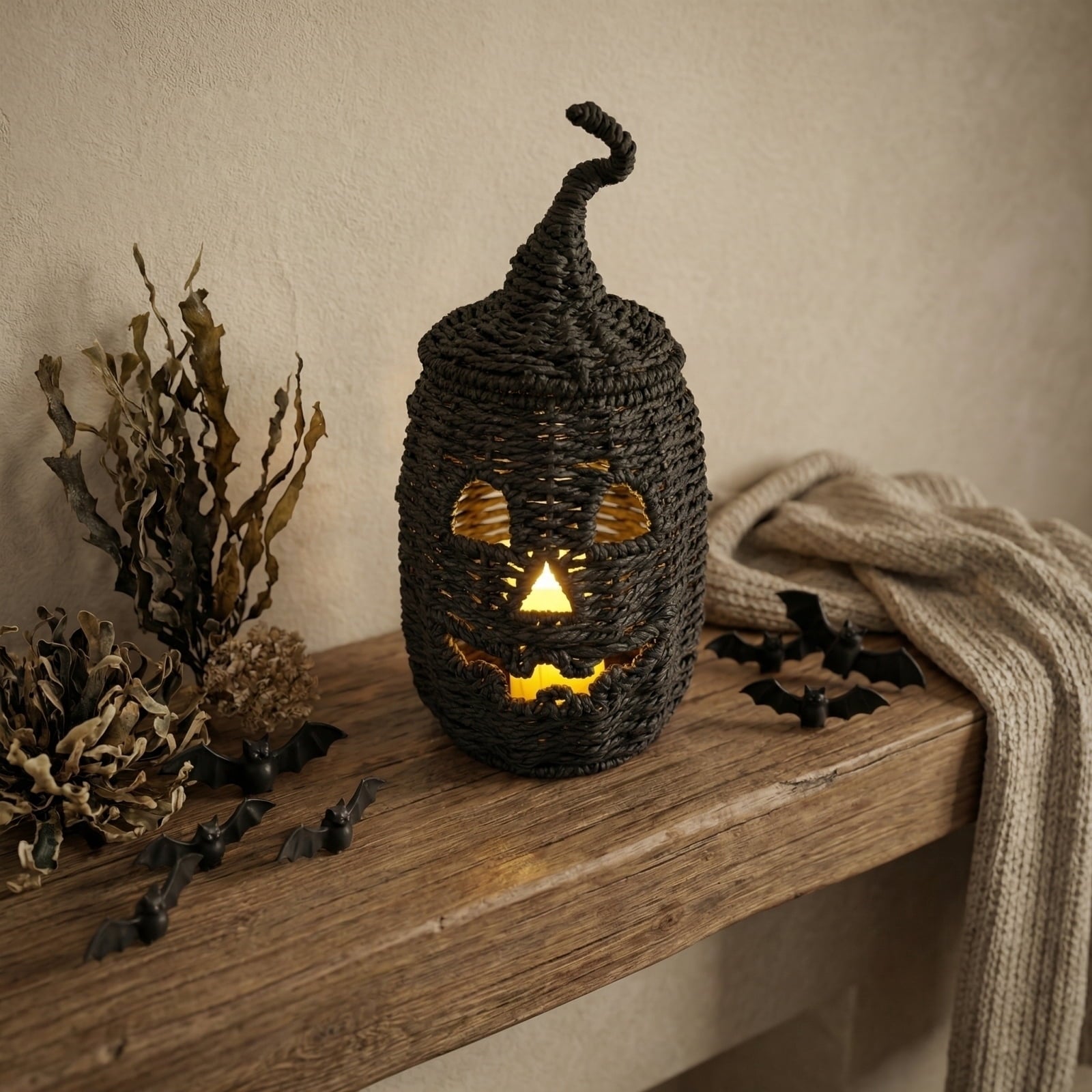 Halloween Woven Pumpkin Jack-O'-Lantern with LED Candle, Hand-Woven Rattan Fall Pumpkin Lantern Decor for Home Tabletop, Mantel, Spooky Haunted House Party Supplies Halloween Decorations Gifts