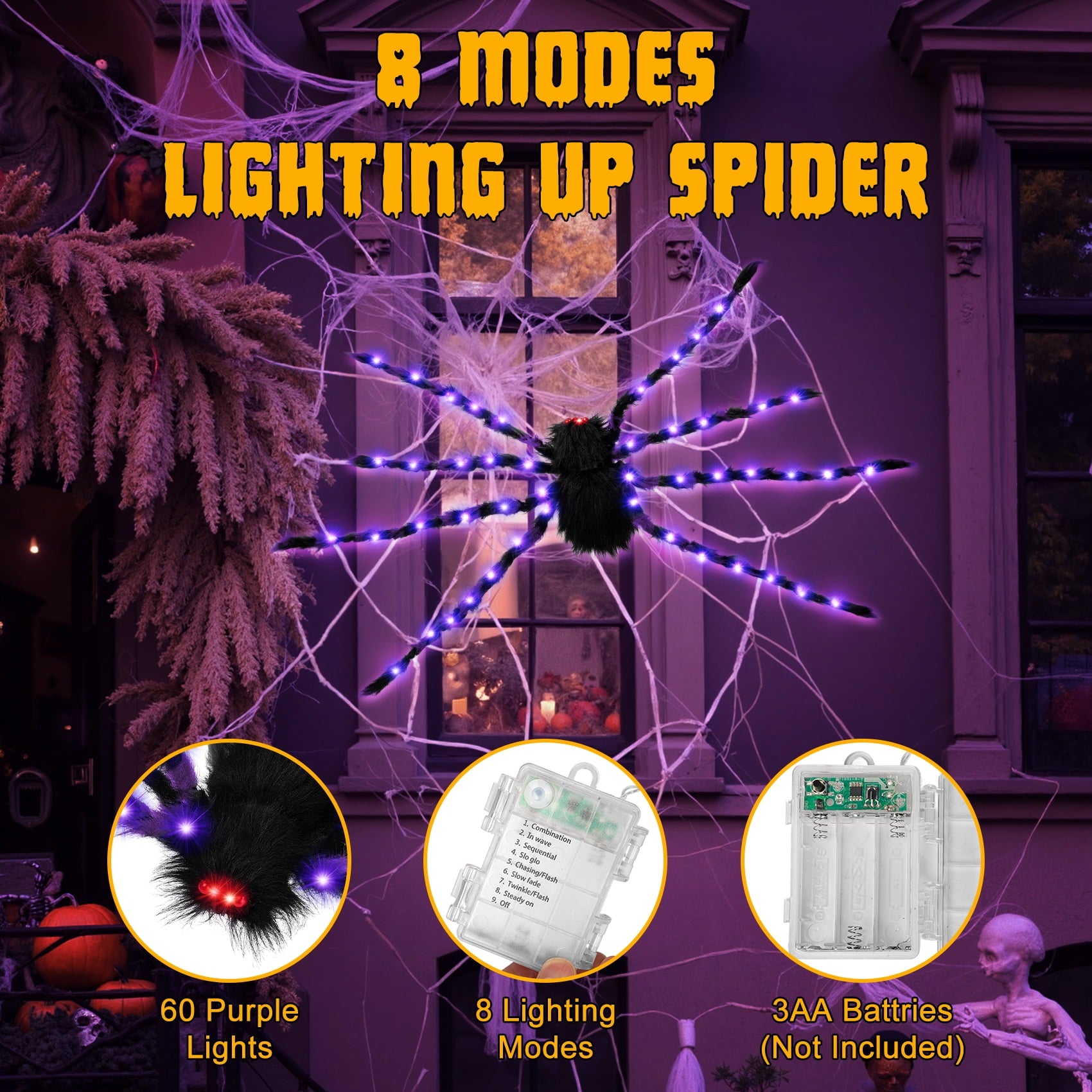 Zsiparty Halloween Decorations Outdoor, 5Ft Giant Spider Light Up Spider, 2 Pack Scary Large Halloween Spider Decor for Home Party Favor Yard Decor