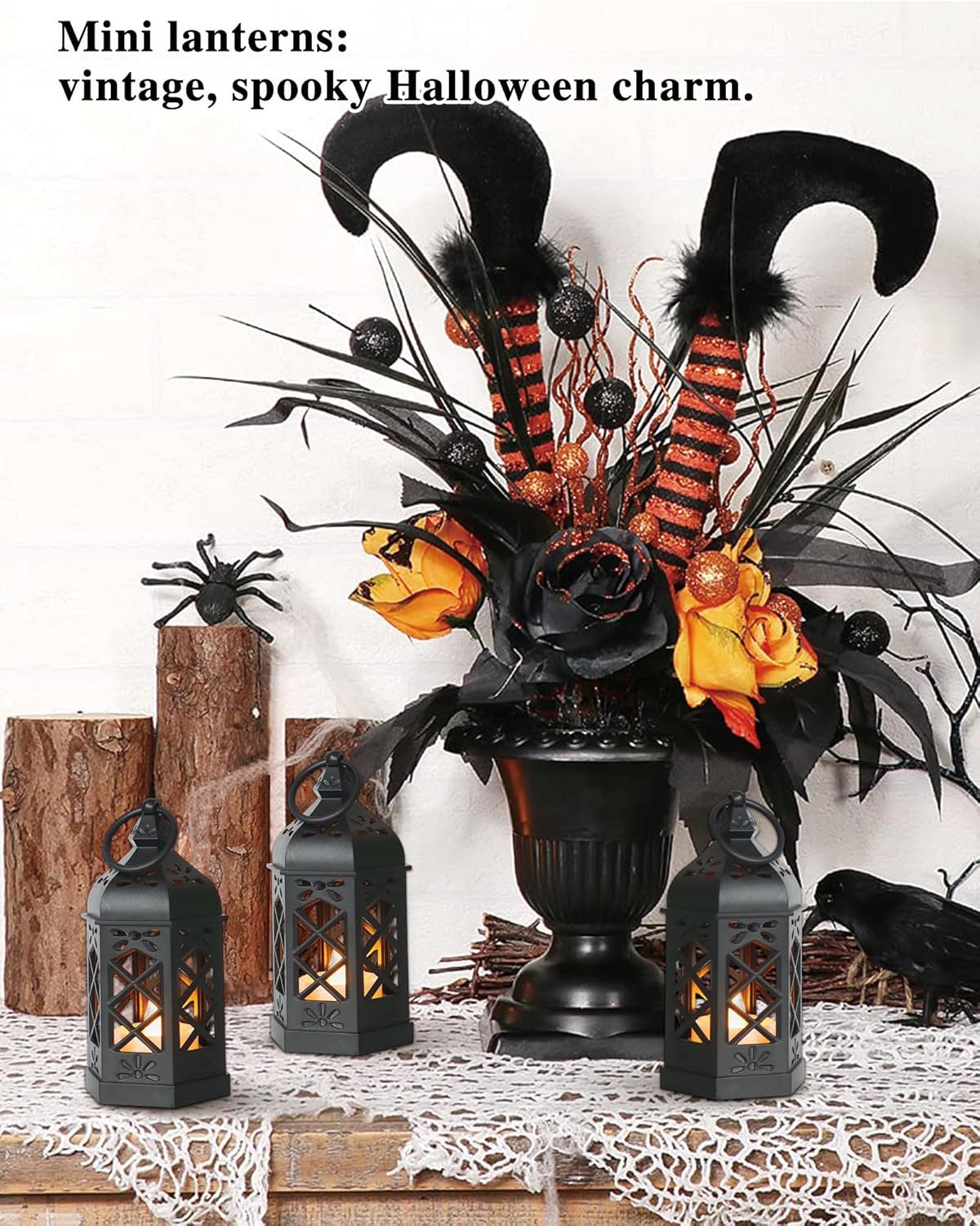 Micrency 12-Pack Mini Lanterns with Flickering LED Candles, Moroccan Style Decorative Hanging Lanterns for Halloween, Christmas, Wedding, Black Lantern for Table Centerpiece, Home & Party Decor