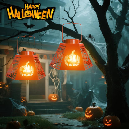 2PCS Halloween Pumpkin & Spider - Web Solar Lantern – Orange Metal Cutout Design with Jack - o'- Lantern Motifs, Solar - Powered LED Light for Garden, Patio & Festive Decor,2 PACK