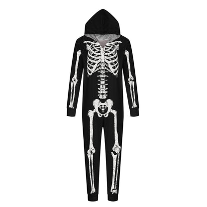 CLOISE Halloween Pajamas Family Set Skeleton One Piece Pajamas for Women Hooded Zip up Pjs Comfort Long Sleeve Holiday Loungewear Funny Halloween Outfits Fall Black M