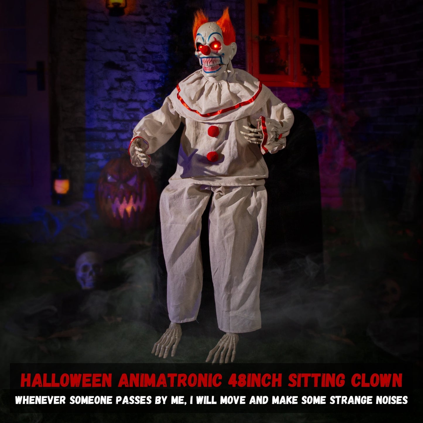 Halloween Animatronic Sitting Clown Animated Decorations - Sound Activated with Creepy Sound, Light Up Eyes, Scary Move, Haunted House Holiday Spooky Decor Horror Prop, for Indoor Outdoor