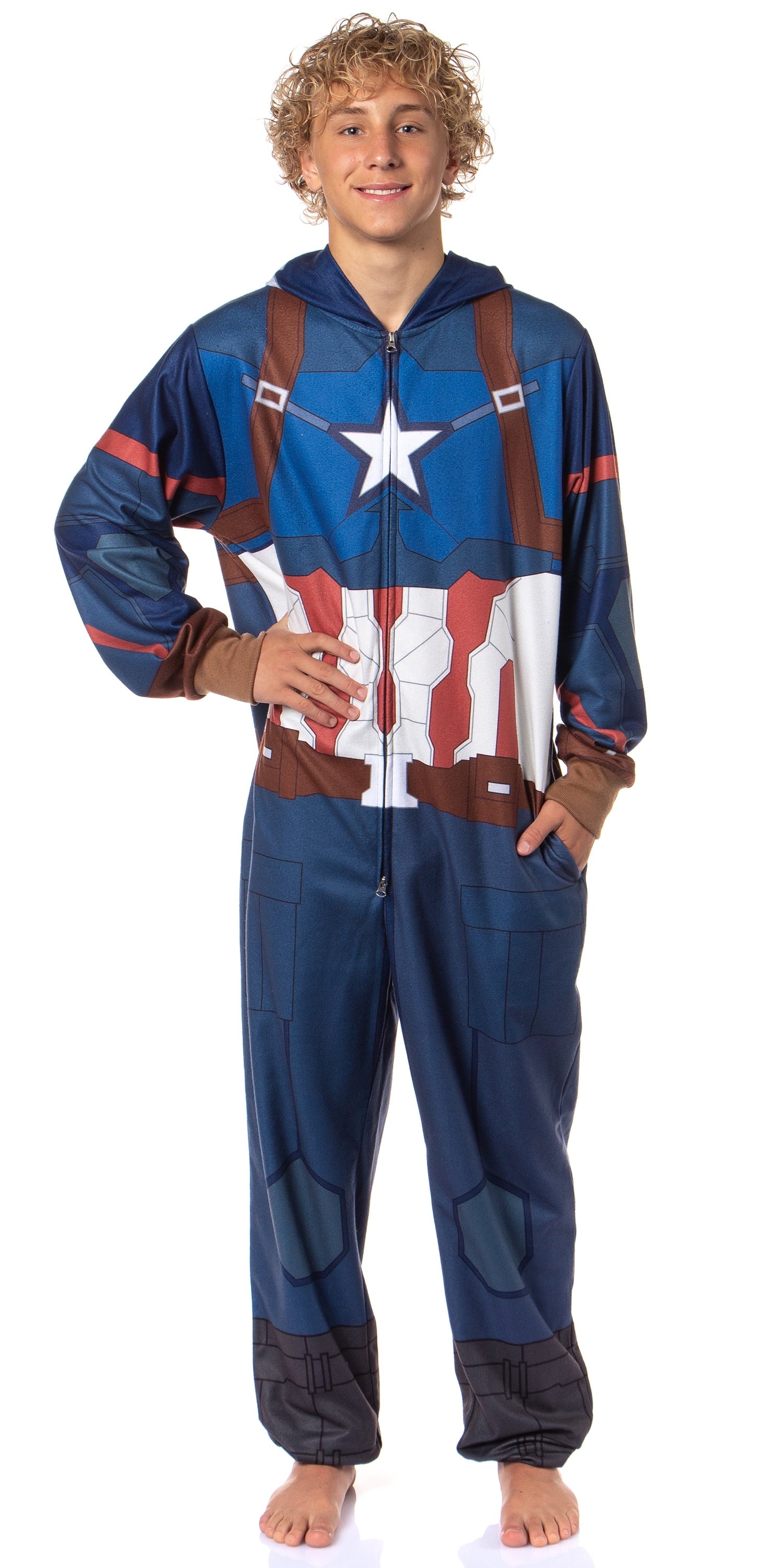 Marvel Captain America Winter Soldier Superhero Adult Hooded Union Suit Costume Pajama For Men and Women
