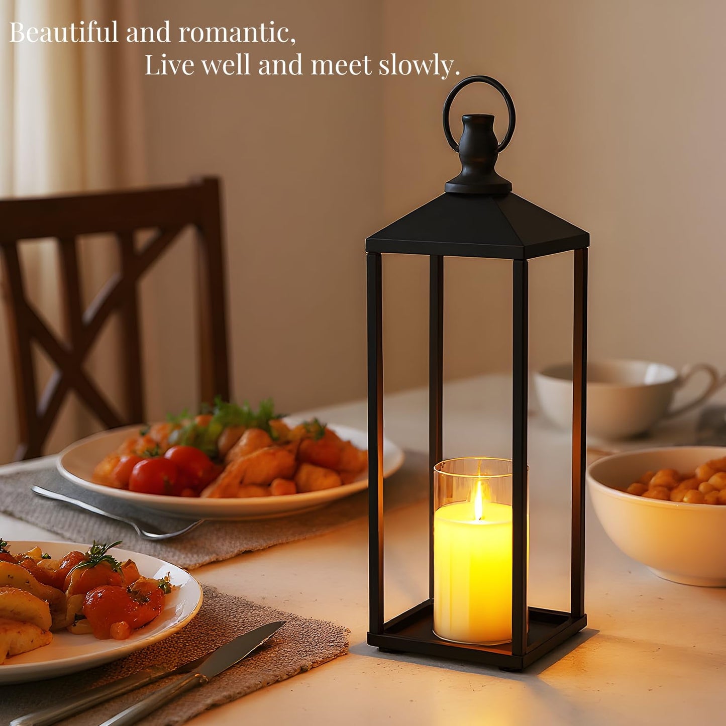 13"+17" Black Candle Lanterns, Metal Decorative Lanterns for Outdoor & Indoor with Flameless LED Candles, Halloween & Christmas Use Modern Patio Porch Garden Floor Decor