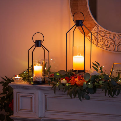 Glasseam Lantern Decorative Pillar Candle Holders Set of 2 Glass Hurricane Candle Holder for Halloween Front Porch Fireplace Outdoor Decor Black