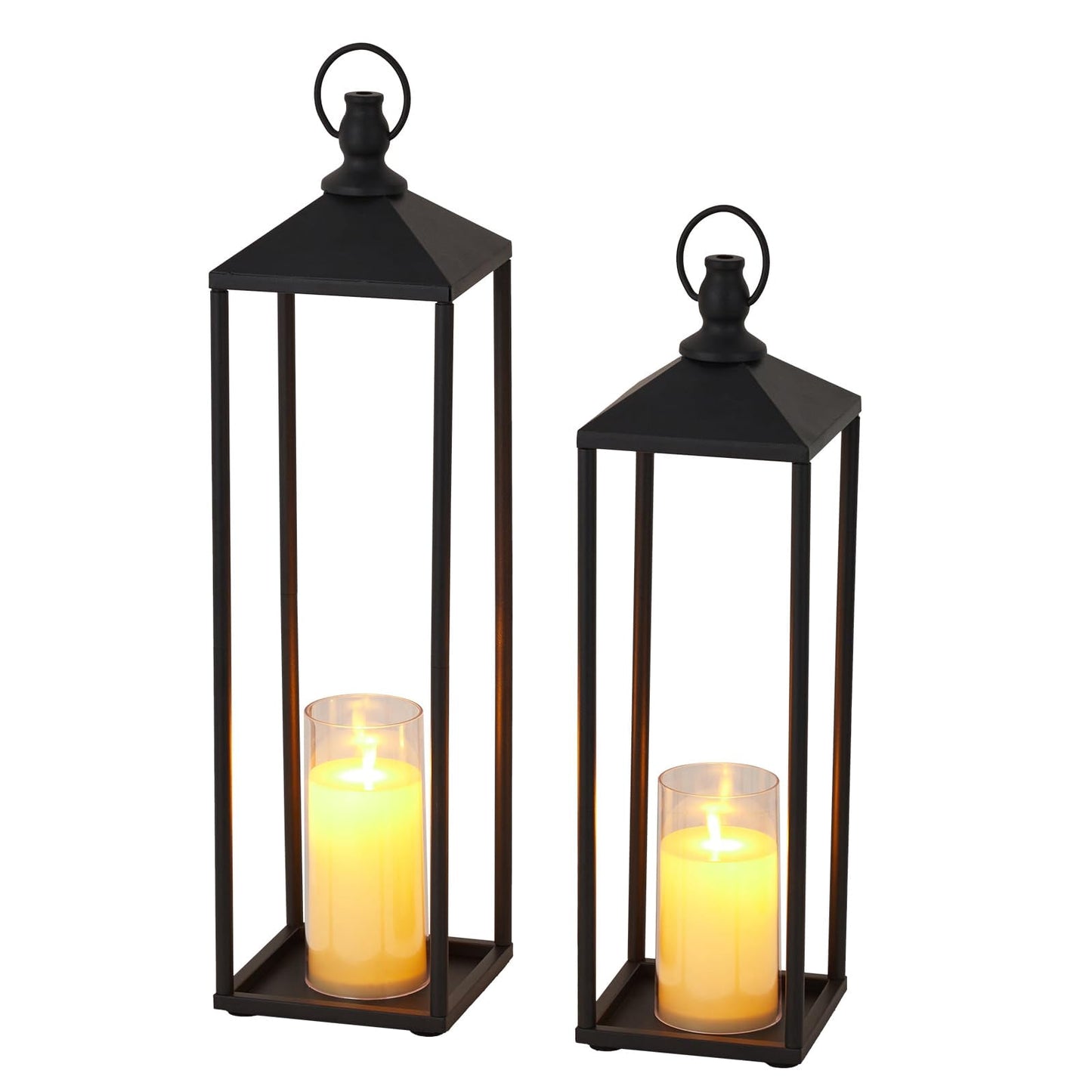 19"+22" Black Candle Lanterns, Metal Decorative Lanterns for Outdoor & Indoor with Flameless LED Candles, Halloween & Christmas Use Modern Patio Porch Garden Floor Decor