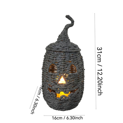 Halloween Woven Pumpkin Jack-O'-Lantern with LED Candle, Hand-Woven Rattan Fall Pumpkin Lantern Decor for Home Tabletop, Mantel, Spooky Haunted House Party Supplies Halloween Decorations Gifts