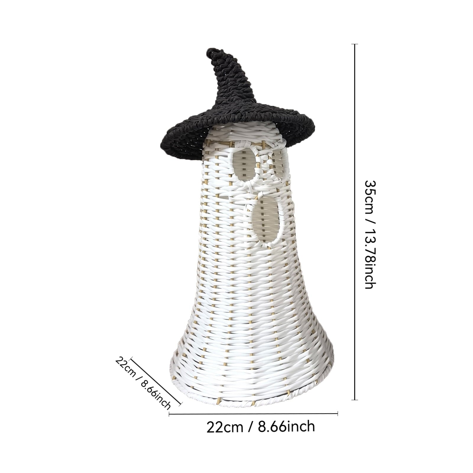 Handwoven Wicker Ghost with Detachable Witch Hat Lid - Rustic Rattan Style Spooky Lantern Centerpiece Halloween Decoration, Dark Botanical & Farmhouse Tabletop Mantle Decor, 13.78", Black & White