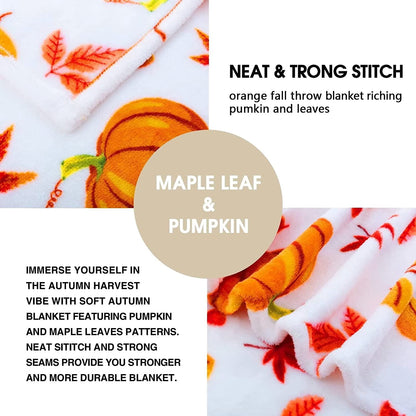 Fall Throw Blanket, Halloween Pumpkin Autumn Plush Fall Decor Fleece Fuzzy Picnic Throw Blanket for Couch Sofa Chairs, Cute Holiday Orange Leaf Blankets and Throws for Home (50" x 60")
