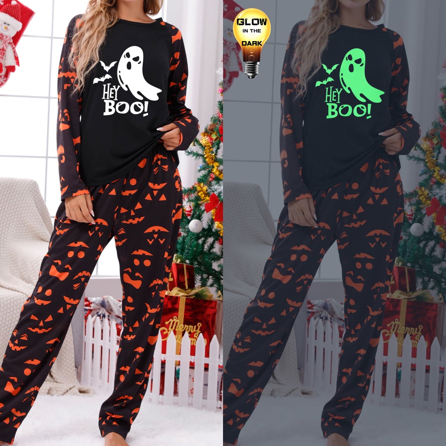DAKIMOE Halloween Pajamas Family Matching Glow In The Dark Halloween Print Long Sleeve PJs Set Outfits 2 Pieces Cotton Loungewear Sleepwear for Adult Men Women Kids Toddler, Ghost, Mom-M