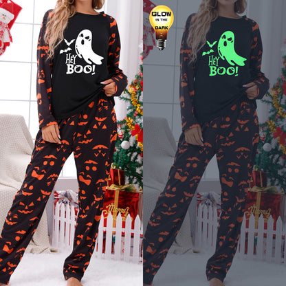 DAKIMOE Halloween Pajamas Family Matching Glow In The Dark Halloween Print Long Sleeve PJs Set Outfits 2 Pieces Cotton Loungewear Sleepwear for Adult Men Women Kids Toddler, Ghost, Mom-M