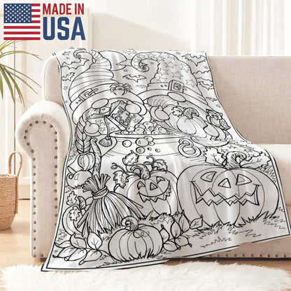 Coloring Fun Throw Blanket Gift for Kids, Halloween Pumpkin and Gnome Pattern Cozy Blanket for Fall Decor, Birthday Present, Soft Lightweight Blanket for Sofa Bed Couch Daily Use 50x60in（siz