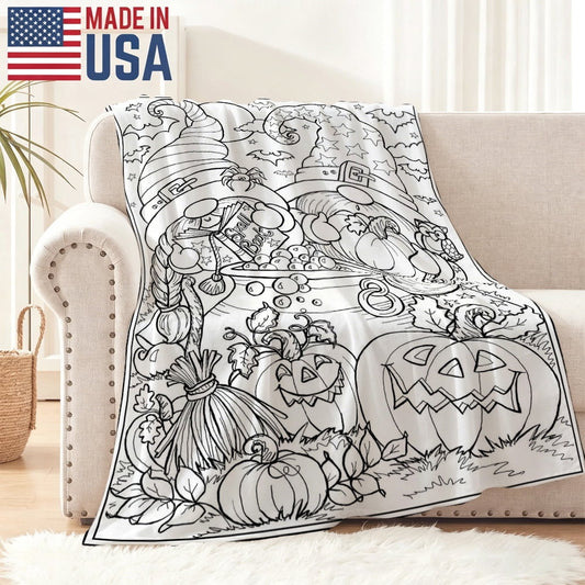 Coloring Fun Throw Blanket Gift for Kids, Halloween Pumpkin and Gnome Pattern Cozy Blanket for Fall Decor, Birthday Present, Soft Lightweight Blanket for Sofa Bed Couch Daily Use 50x60in（siz