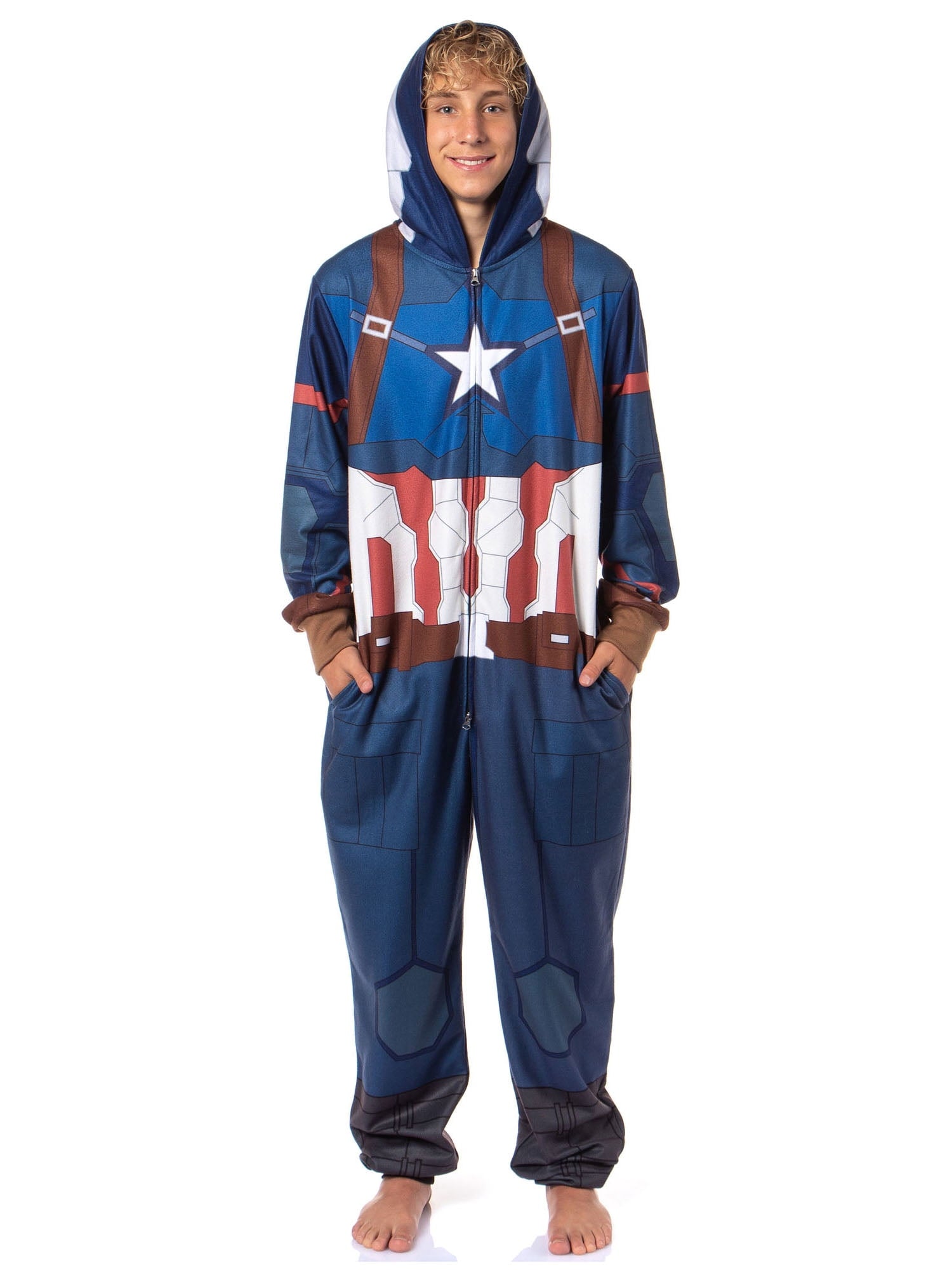 Marvel Captain America Winter Soldier Superhero Adult Hooded Union Suit Costume Pajama For Men and Women
