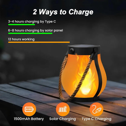 Gkcity Solar Lanterns Outdoor with Ultra-Real Flame, Dual Charging (USB/Solar), 2 Modes & Outdoor Waterproof Design, Decorative Hanging/Table Lights for Yard Patio Garden, Halloween Camp Gear, 2 Pack
