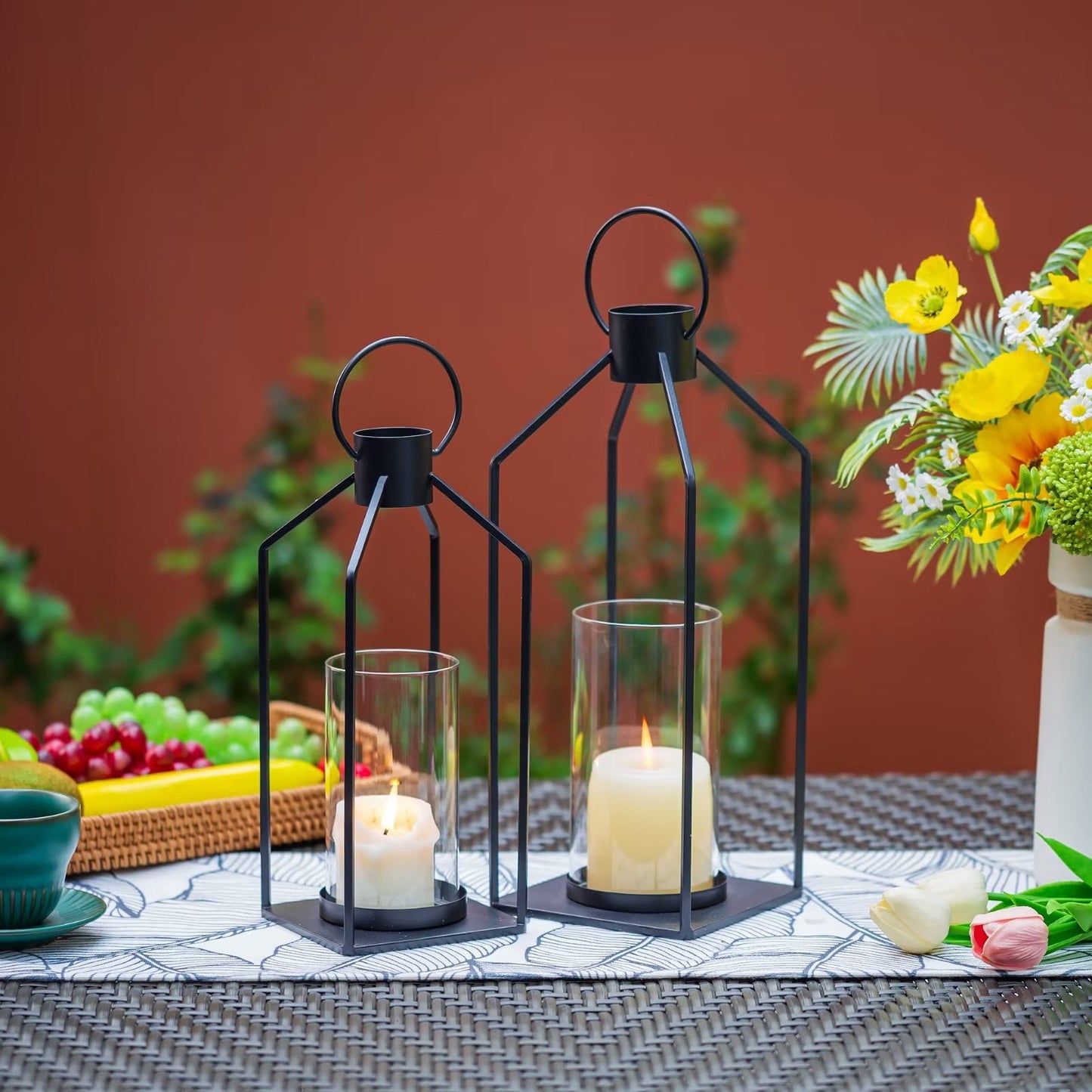 Glasseam Lantern Decorative Pillar Candle Holders Set of 2 Glass Hurricane Candle Holder for Halloween Front Porch Fireplace Outdoor Decor Black