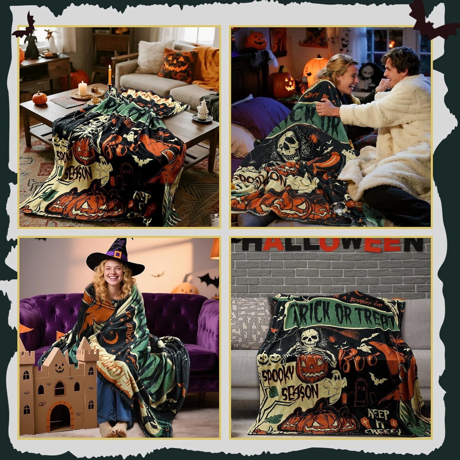 Spooky Season Halloween Skeleton and Pumpkin Throw Blanket with Trick or Treat and Boo Quote Soft Plush Fleece for Home Decor