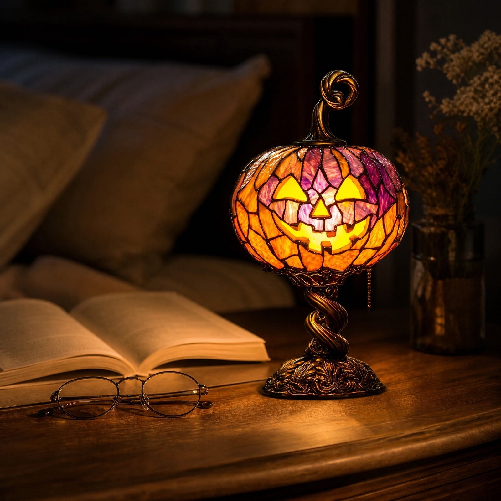 SCNOR Vintage Stained Glass Pumpkin Table Lamp, USB Powered Jack O Lantern Night Light for Halloween Fall Mantel Decor
